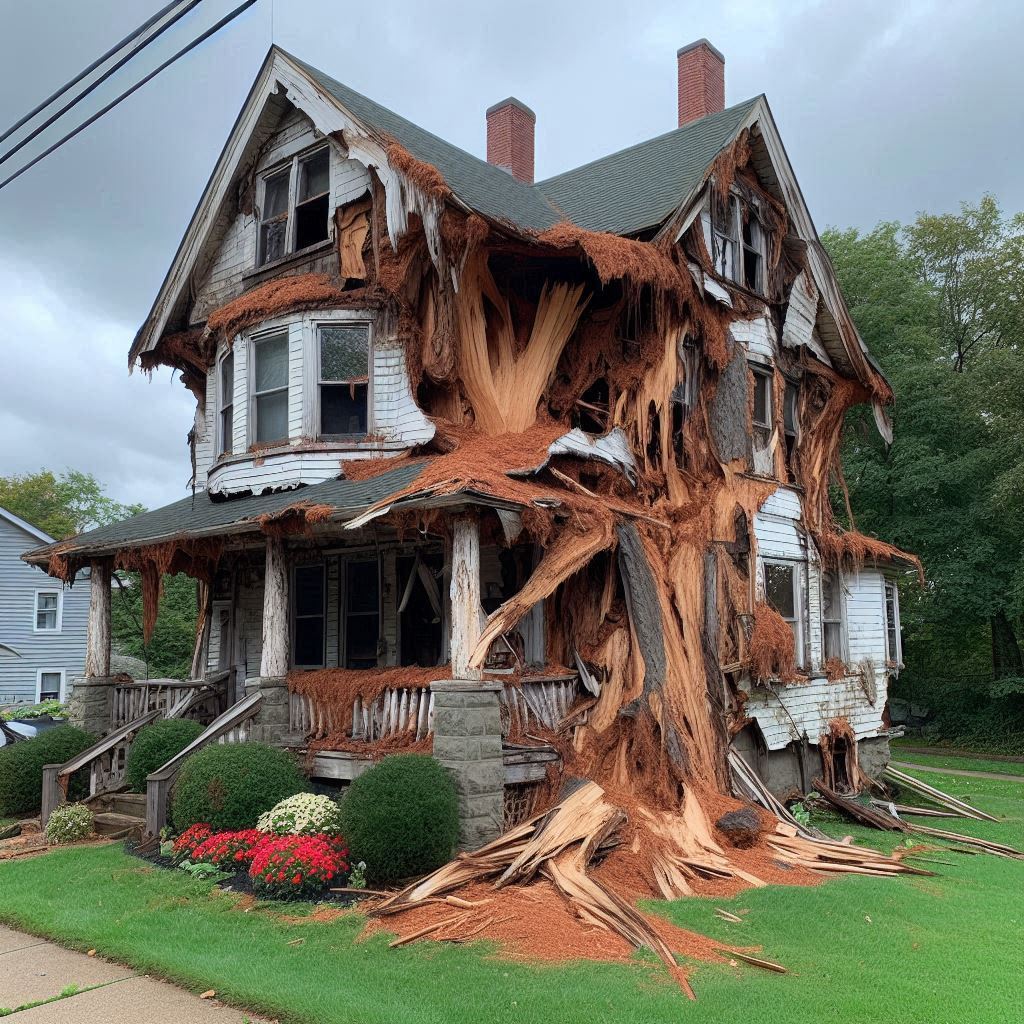 Damaged tree on an Medfield home showing signs of disease and decay